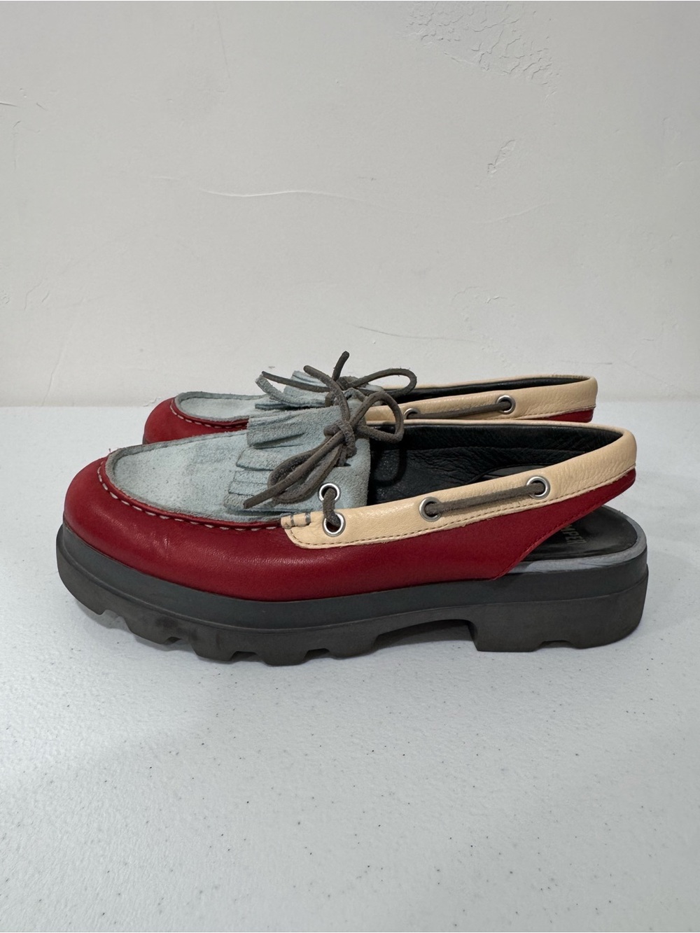 CAMPER Mil Slingback Loafers Lugsole Boat Shoe Chunky Women 38 /US 7.5 Blue Red